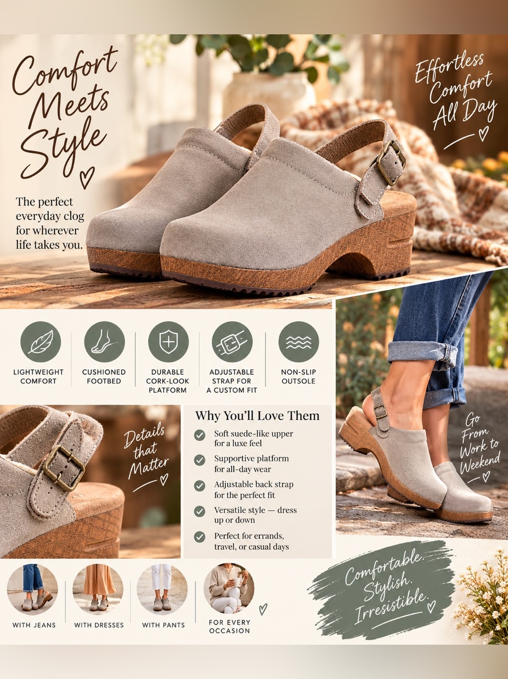 White Mountain Being Sand Suede Clog Mules with Buckle